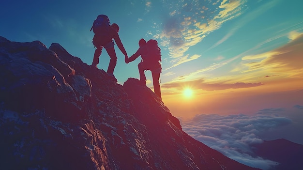 Un hombre y una mujer suben a una montaña con una hermosa puesta de sol en el fondo