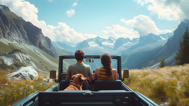 Foto un hombre y una mujer tienen un viaje en coche con un perro miran las montañas