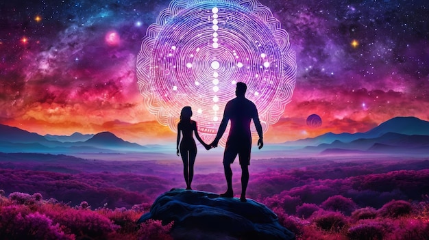 Foto hombre y mujer tomados de la mano frente al cielo de colores