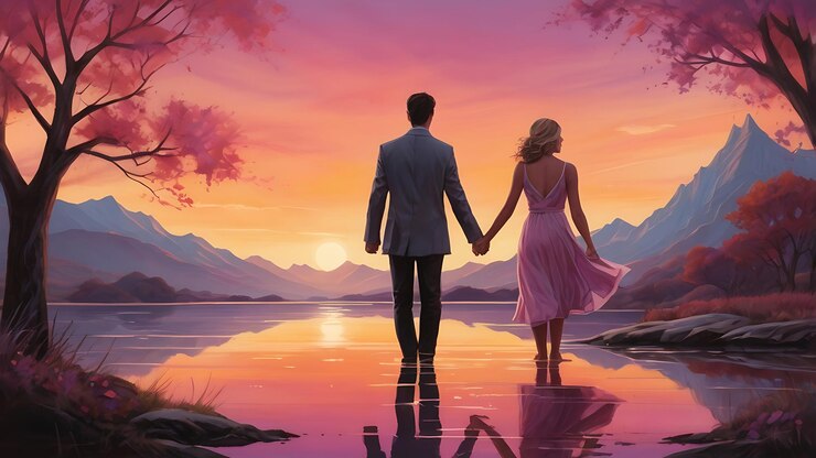 un hombre y una mujer se toman de la mano y una puesta de sol en el fondo ilustración de pareja romántica
