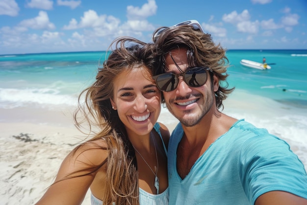 Hombre y mujer tomando una selfie en la playa