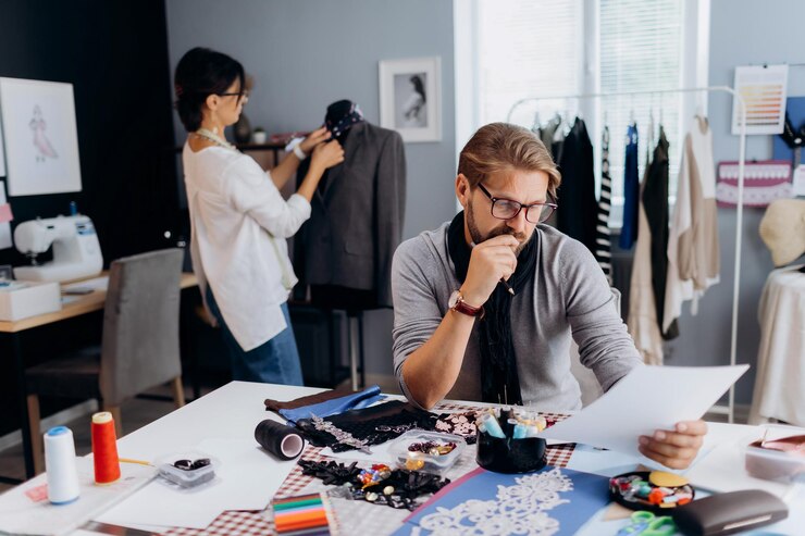 Hombre y mujer trabajando en el taller.