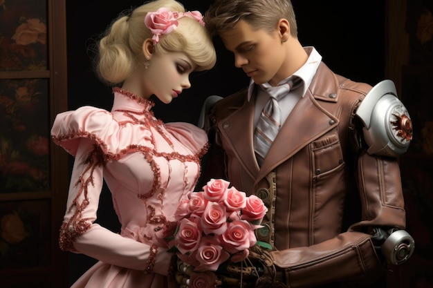 Un hombre y una mujer en un traje steampunk están sosteniendo flores