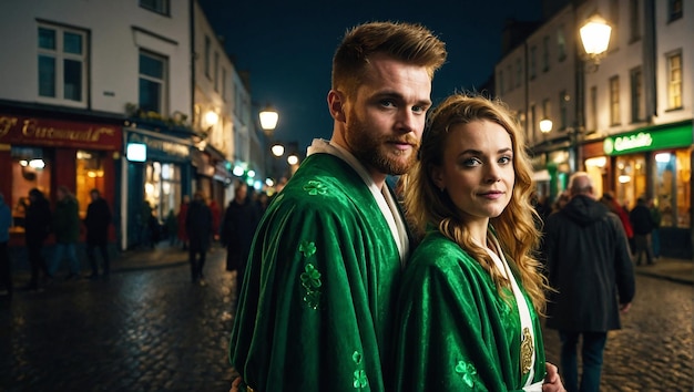Hombre y mujer con túnica verde celebrando el día de San Patricio