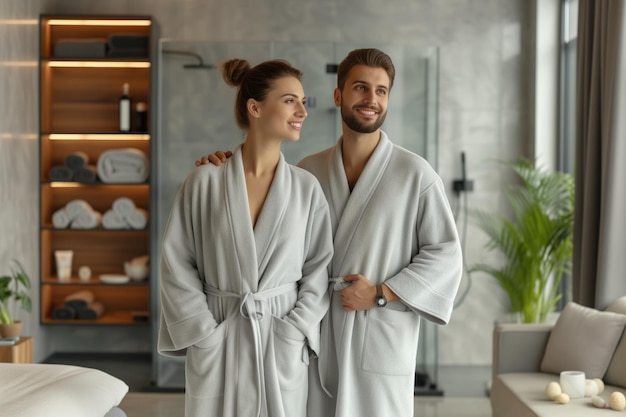 Foto hombre y mujer en túnicas de baño gris claro en un apartamento moderno