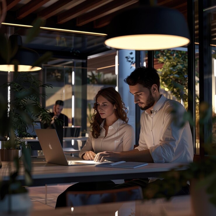 Un hombre y una mujer usando la computadora y discutiendo