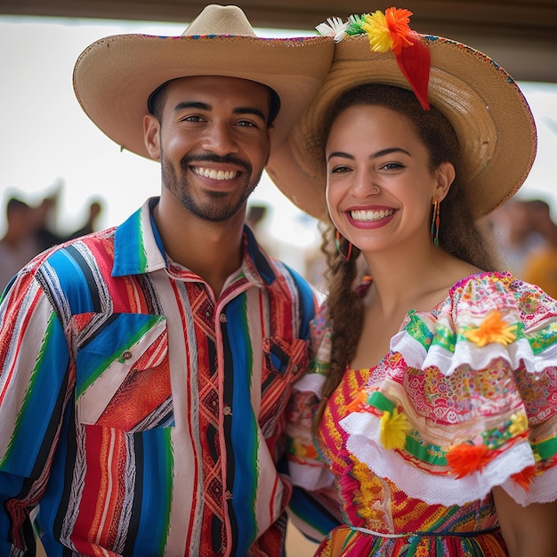 Un hombre y una mujer con un vestido colorido y un sombrero con una cinta de arco iris alrededor de su cuello