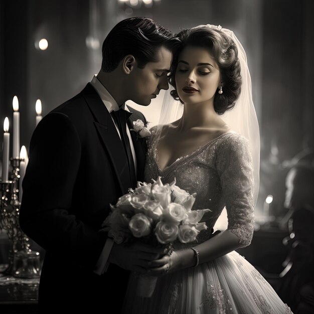 un hombre y una mujer en un vestido de novia están frente a una vela