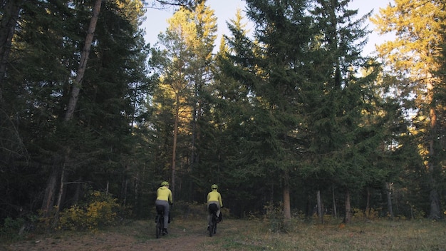 El hombre y la mujer viajan en cicloturismo de terreno mixto con bikepacking La pareja viaja con bolsas para bicicletas Magic forest park