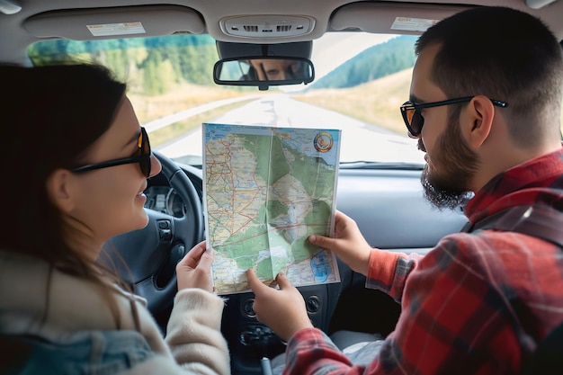 Foto hombre y mujer viajeros o una pareja de amantes mirando un mapa mientras están en el coche o haciendo un viaje de fin de semana concepto de viaje de viaje