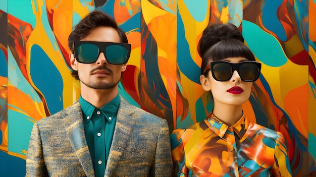 hombre y mujer vistiendo ropa colorida con gafas sobre fondo colorido