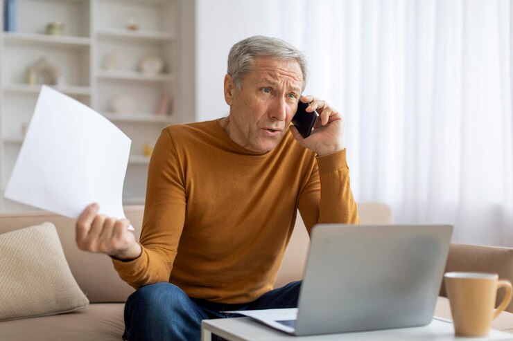 Foto hombre multitarea con teléfono portátil y papeles