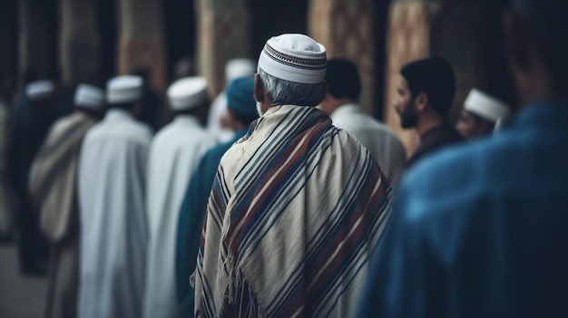 Un hombre en una multitud de hombres camina en fila.