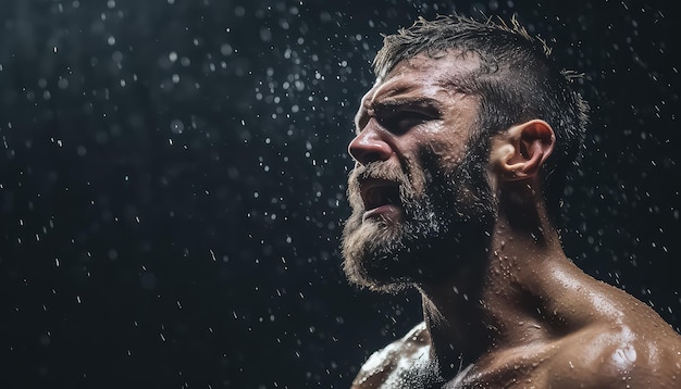 hombre musculoso con agua salpicando contra su cara en la oscuridad