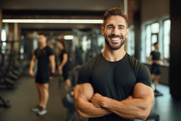 Hombre musculoso atractivo en ropa deportiva de pie contra el telón de fondo de un gimnasio