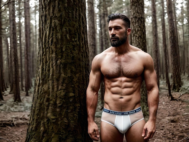 Hombre musculoso con barba y ropa interior sin camisa en la postura de pie en el bosque