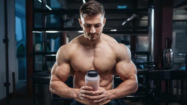 Foto hombre musculoso con bebida de proteínas en un batidor