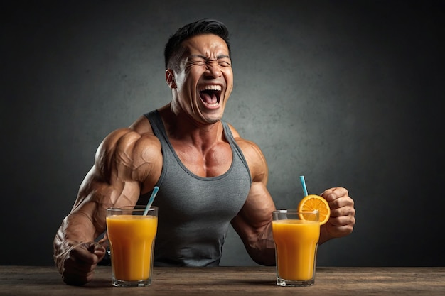 Hombre musculoso bebiendo jugo de naranja y gritando en un fondo oscuro