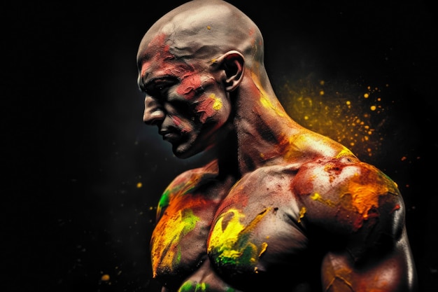 Hombre musculoso sin camisa con la piel pintada con colores de Holi generado por Ai