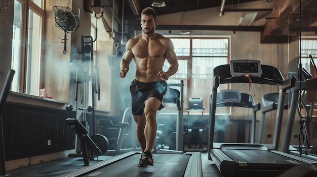 Hombre musculoso confiado corriendo en una cinta de correr en un gimnasio moderno Atleta masculino decidido entrenando para una maratón