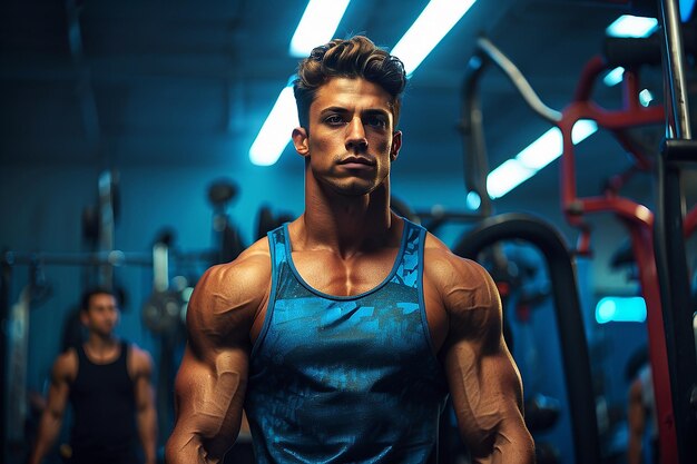 Foto hombre musculoso culturista entrenando en el gimnasio posando en forma tipo músculo entrenamiento pesas camiseta de barra