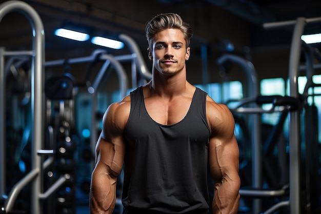 Foto hombre musculoso culturista entrenando en el gimnasio posando en forma tipo músculo entrenamiento pesas camiseta de barra