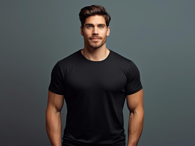 Hombre musculoso guapo en camiseta negra Maqueta de camiseta realista