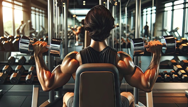 Hombre musculoso haciendo ejercicios con pesas en el gimnasio