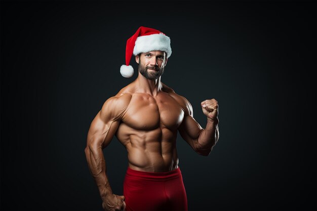 El hombre musculoso lleva el sombrero de Papá Noel.