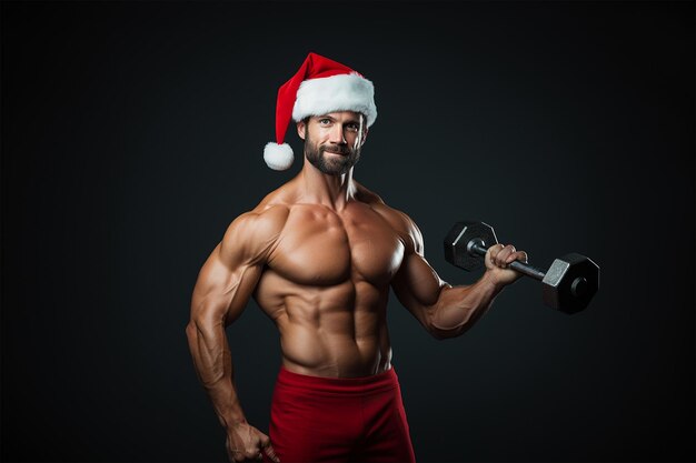 El hombre musculoso lleva el sombrero de Papá Noel.