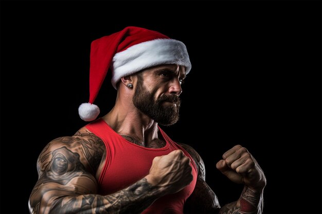 Foto el hombre musculoso lleva el sombrero de papá noel.