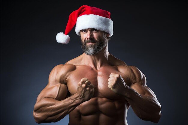 El hombre musculoso lleva el sombrero de Papá Noel.