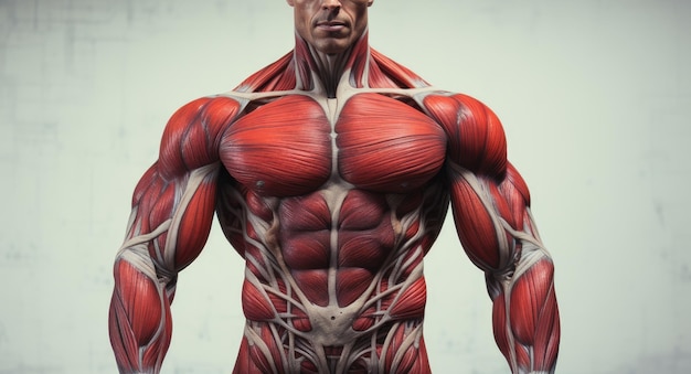 Foto hombre musculoso con músculo rojo sobre un fondo blanco. representación 3d. modelo de fitness con abdominales de pie, sección superior, vista frontal recortada, músculos detallados generados por ia.