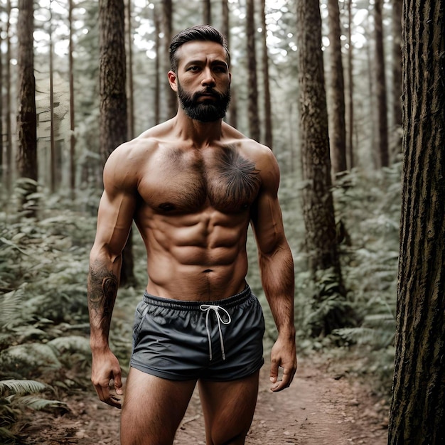 Hombre musculoso tatuado con pantalones cortos y barba en el bosque mirando a la cámara posando