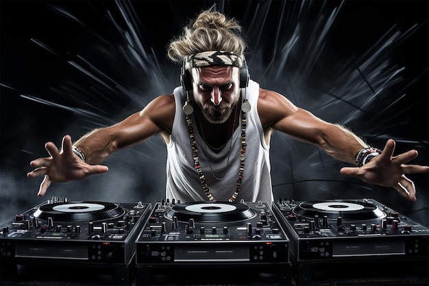 Foto un hombre musculoso tocando como dj.