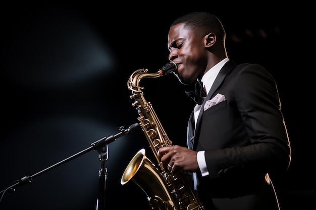 Foto hombre músico actuando en el escenario tocando el saxofón ia generativa