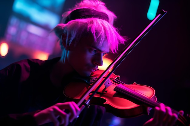 Foto hombre músico tocando el violín con luces de neón generar ai