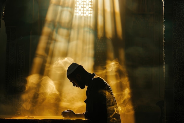 Foto hombre musulmán adora y reza en la silueta de una vieja mezquita