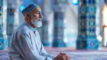 Foto hombre musulmán anciano con gorra que reza en la mezquita durante el ramadán concepto observaciones religiosas fe y devoción estilo de vida de ancianos ramadán tradiciones de la cultura islámica