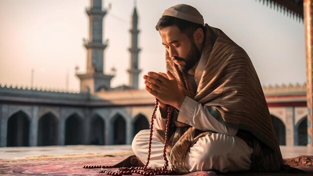 Foto hombre musulmán asiático orando con cuentas de oración