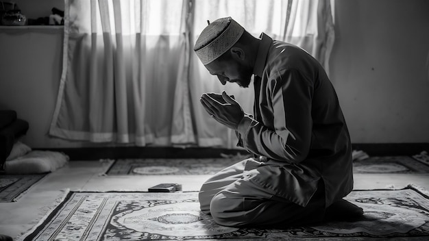 hombre musulmán asiático en posición de oración salat en la alfombra de oración dentro de la habitación