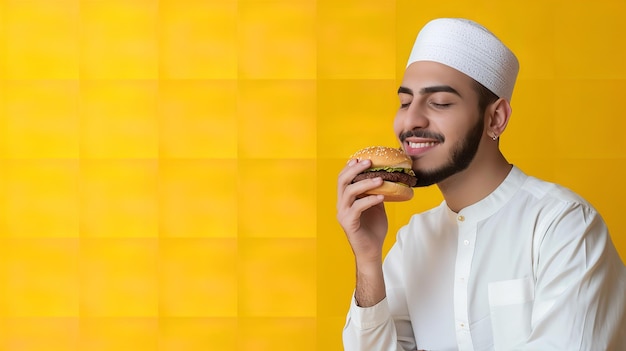 Un hombre musulmán con atuendo islámico comiendo hamburguesa en un contexto limpio con un gran espacio de copia IA generativa