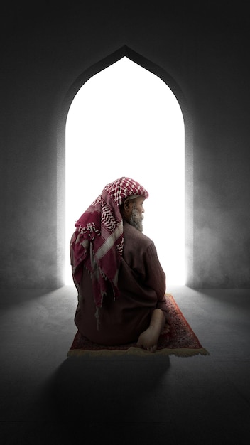 Hombre musulmán con barba usando keffiyeh con agal en posición de oración salat en la alfombra de oración