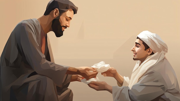 Hombre musulmán dando dinero de Zakat a un hombre pobre