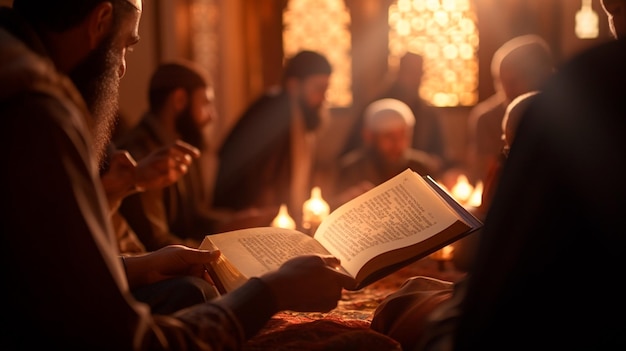 hombre musulmán leyendo el Corán en la mezquita durante la noche de Ramadán