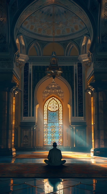 Hombre musulmán meditando en la mezquita Ramadán Kareem fondo