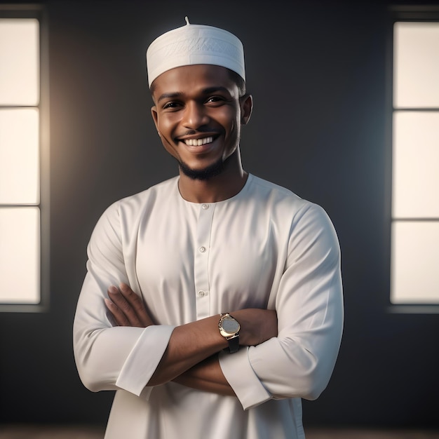 Hombre musulmán negro y guapo sonrisa hermosa brazos cruzados