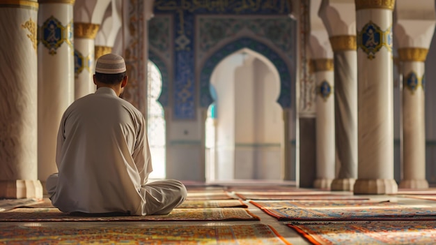 Hombre musulmán orando dentro de la mezquita Ramadán Kareem concepto Islam religión