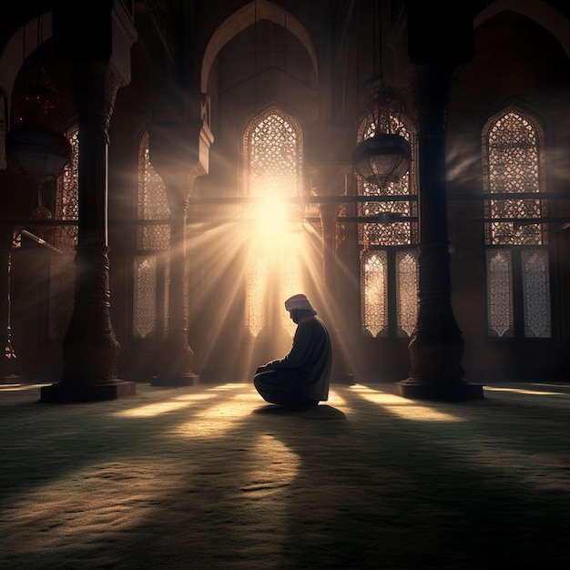 Foto un hombre musulmán orando dentro de la mezquita