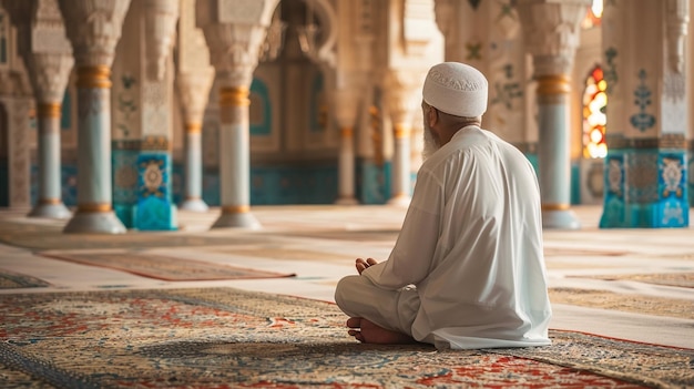 Hombre musulmán orando en Eid mubarak bandera de celebración islámica del ramadán